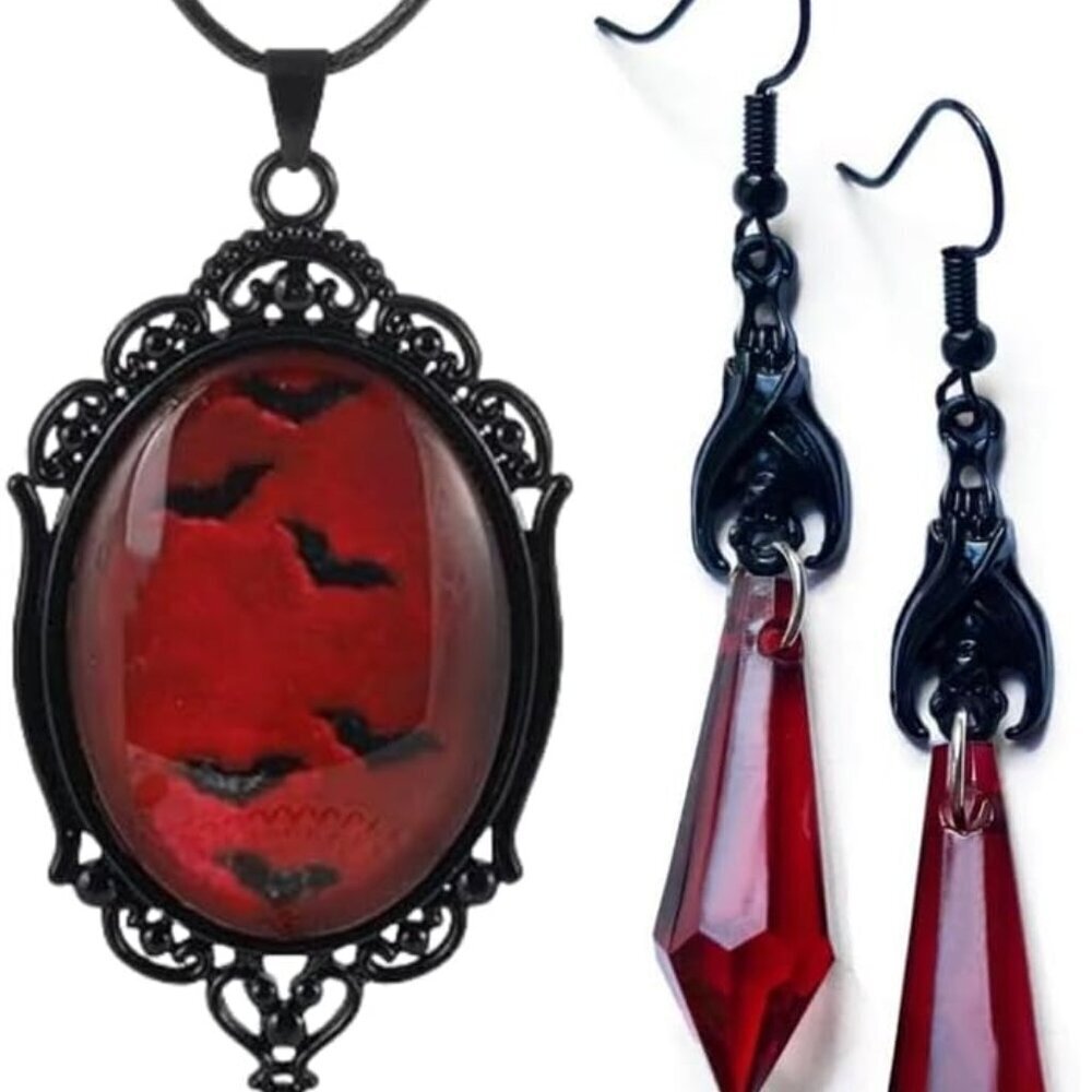 Gothic Vampire Bat Earrings Necklace Set Dark Bat Jewelry Halloween For Women